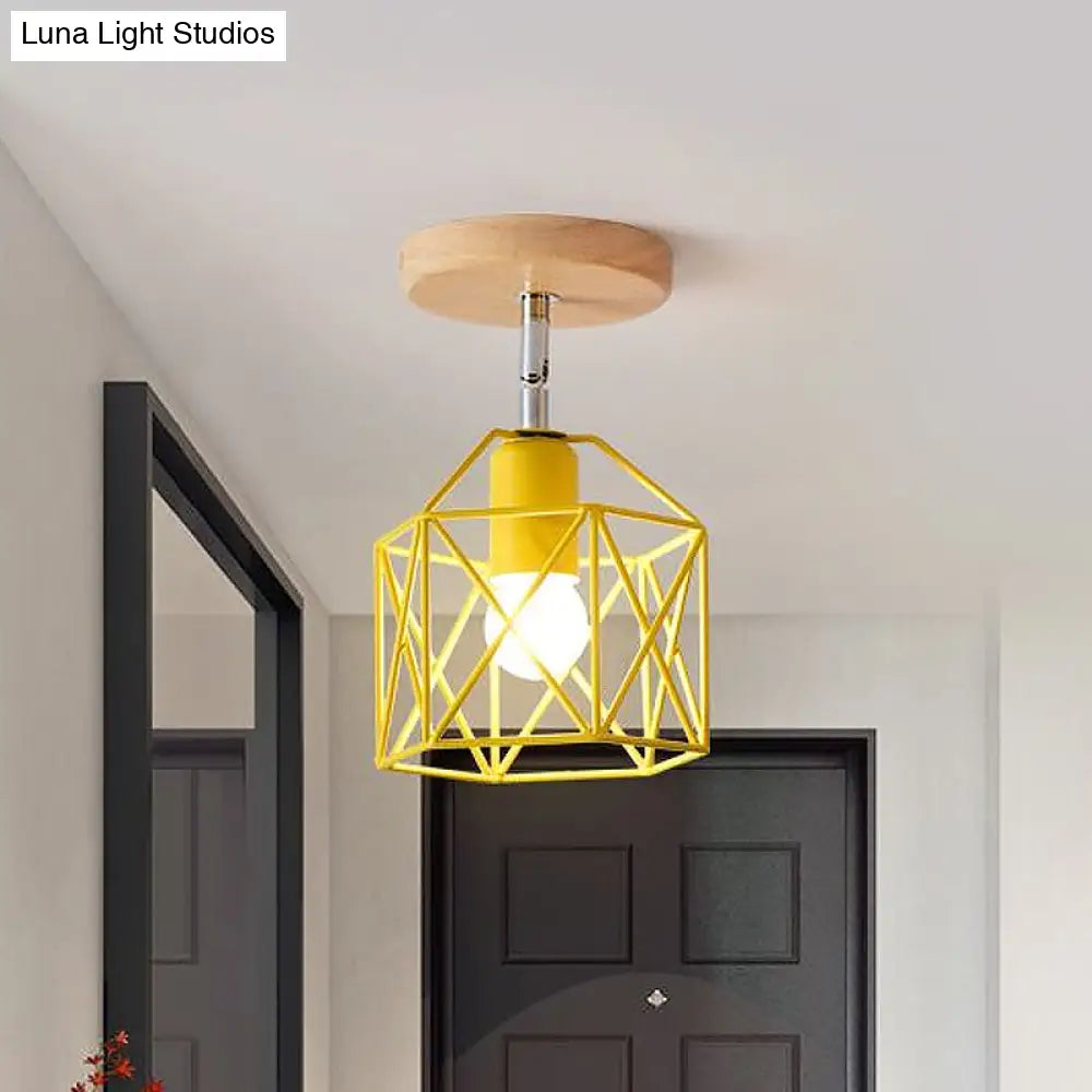 Modern Metal Hexagon Ceiling Light - Gray/White/Pink/Yellow/Blue/Green Semi Flush Mount For Bedroom