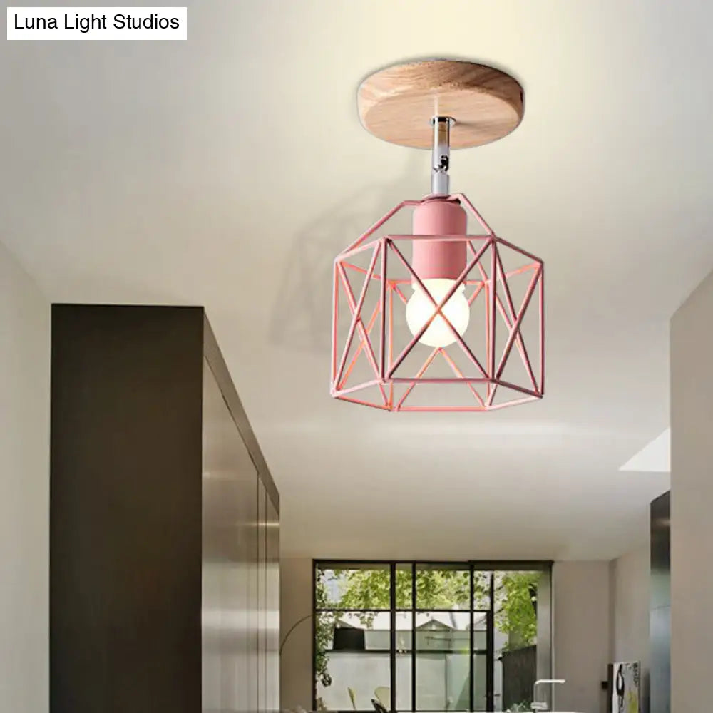 Modern Metal Hexagon Ceiling Light - Gray/White/Pink/Yellow/Blue/Green Semi Flush Mount For Bedroom