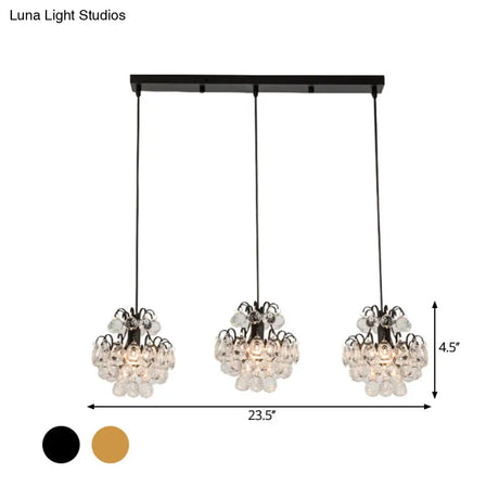 Modern Metal Pendant Light With Clear Crystal Balls And 3 Bulbs - Round/Linear Canopy Black/Gold