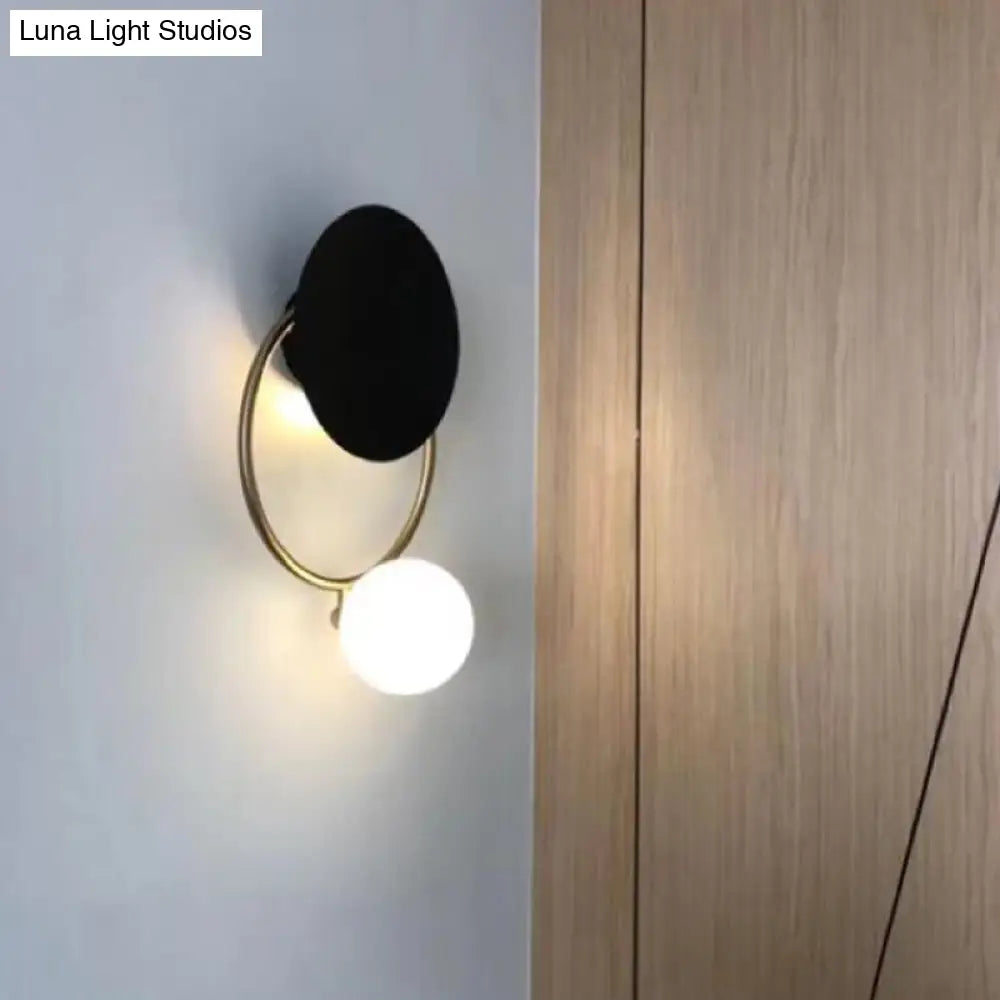 Modern Metal Planet Wall Mount Lamp - 1 Light Black Finish Opal Glass Fixture