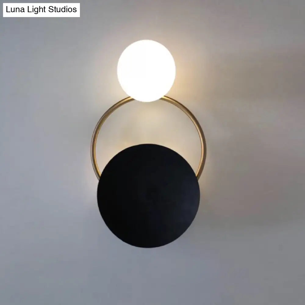 Modern Metal Planet Wall Mount Lamp - 1 Light Black Finish Opal Glass Fixture