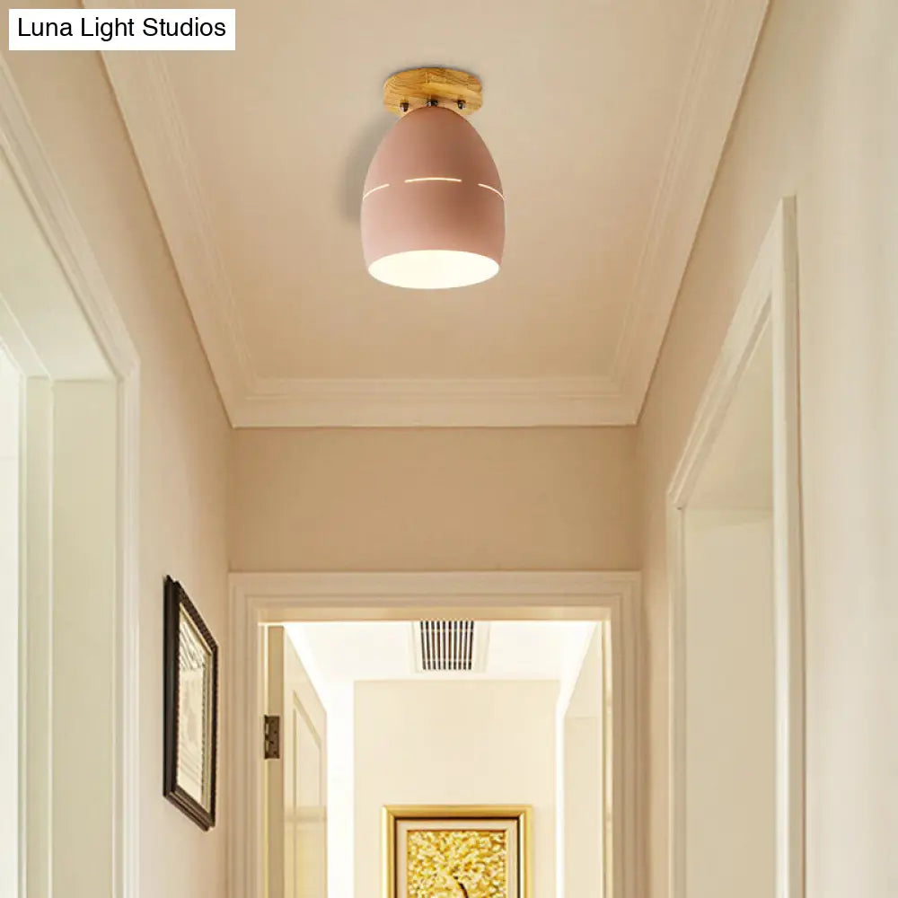 Modern Metal Semi-Flush Ceiling Light - 1 Oval Semi Flush Mount Lighting In Pink/Yellow/Green For