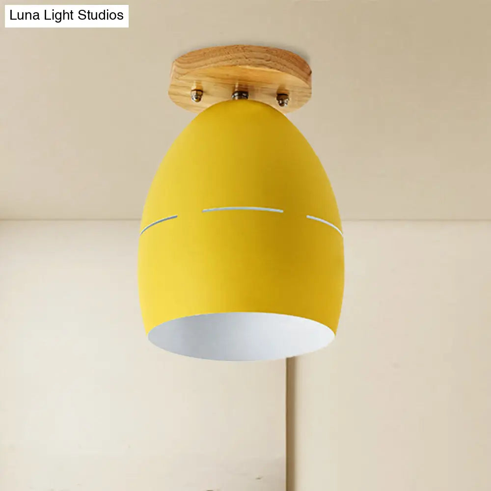 Modern Metal Semi-Flush Ceiling Light - 1 Oval Semi Flush Mount Lighting In Pink/Yellow/Green For