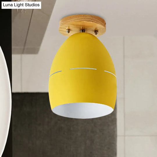 Modern Metal Semi-Flush Ceiling Light - 1 Oval Semi Flush Mount Lighting In Pink/Yellow/Green For
