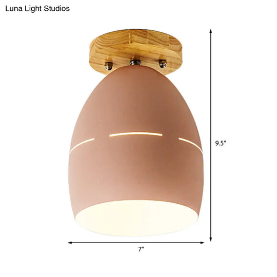 Modern Metal Semi-Flush Ceiling Light - 1 Oval Semi Flush Mount Lighting In Pink/Yellow/Green For