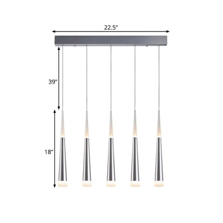 Modern Tapered Hanging Lamp With 5/6 Silver Metal Heads - Stylish Pendant Light For Dining Room In