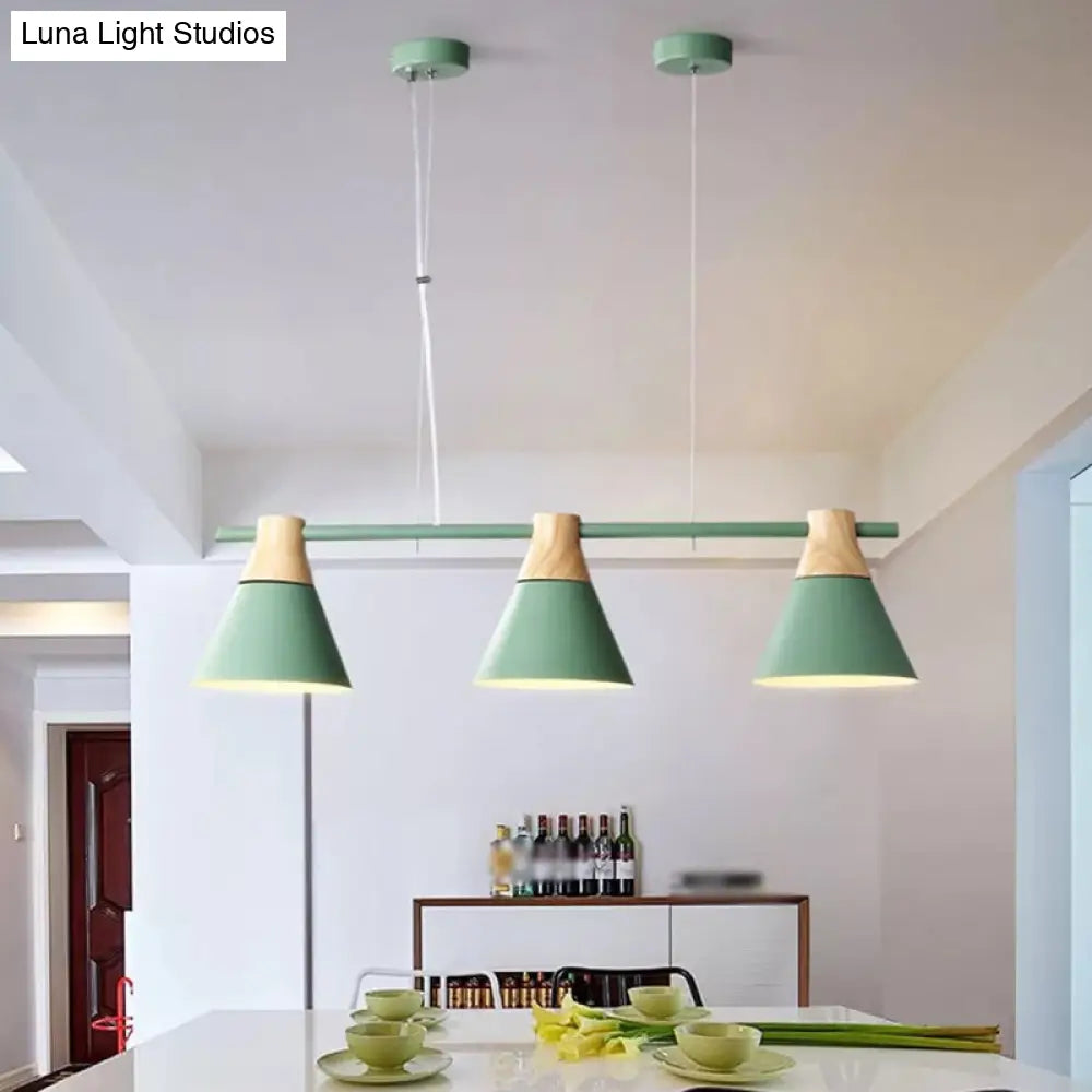 Modern Metallic Cone Hanging Light Kit With Wood Top - 3 Heads Island Lighting Fixture Green