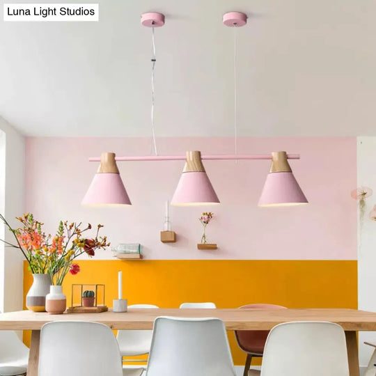 Modern Metallic Cone Hanging Light Kit With Wood Top - 3 Heads Island Lighting Fixture Pink