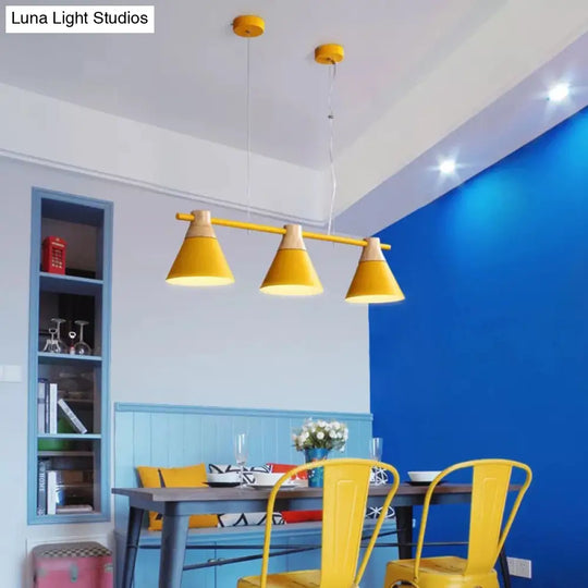 Modern Metallic Cone Hanging Light Kit With Wood Top - 3 Heads Island Lighting Fixture Yellow