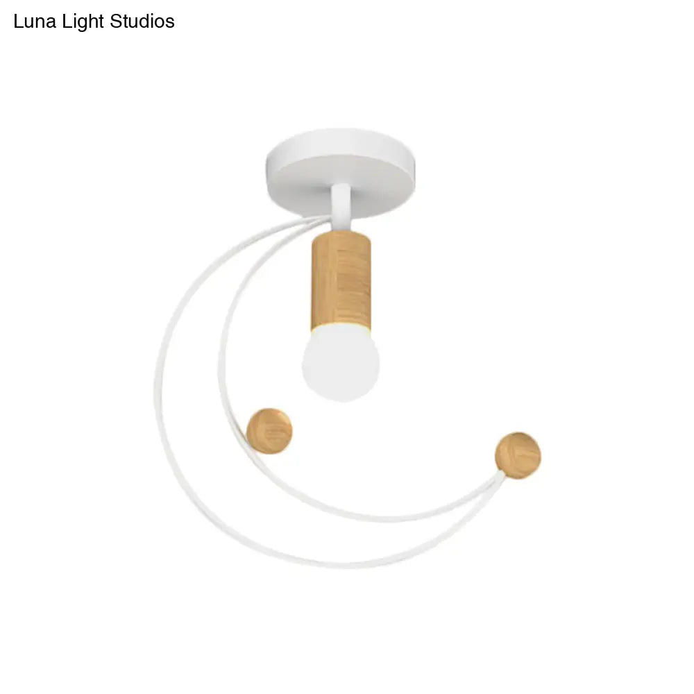 Modern Metallic Crescent Ceiling Light With Wooden Ball Deco - Semi Flush Mount In Black/White/Grey