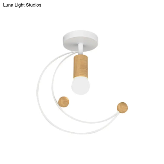 Modern Metallic Crescent Ceiling Light With Wooden Ball Deco - Semi Flush Mount In Black/White/Grey