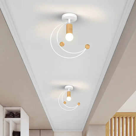 Modern Metallic Crescent Ceiling Light With Wooden Ball Deco - Semi Flush Mount In Black/White/Grey