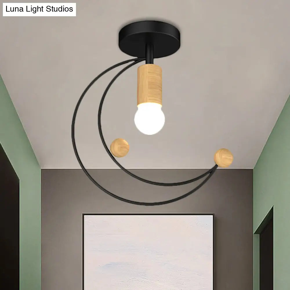 Modern Metallic Crescent Ceiling Light With Wooden Ball Deco - Semi Flush Mount In Black/White/Grey