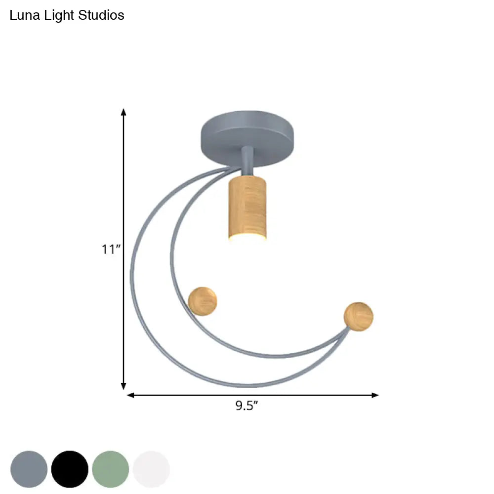 Modern Metallic Crescent Ceiling Light With Wooden Ball Deco - Semi Flush Mount In Black/White/Grey