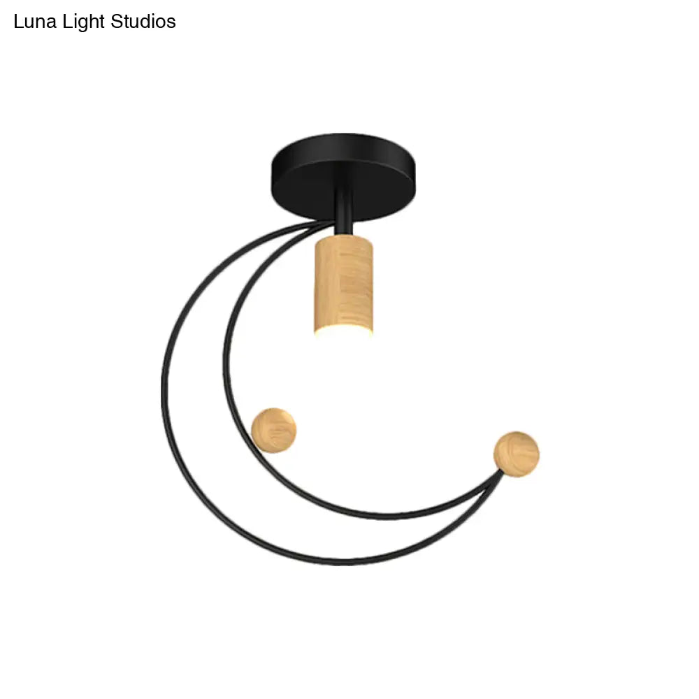 Modern Metallic Crescent Ceiling Light With Wooden Ball Deco - Semi Flush Mount In Black/White/Grey