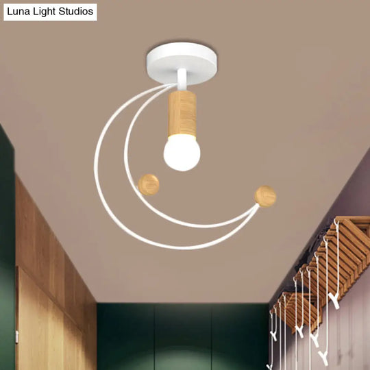 Modern Metallic Crescent Ceiling Light With Wooden Ball Deco - Semi Flush Mount In Black/White/Grey