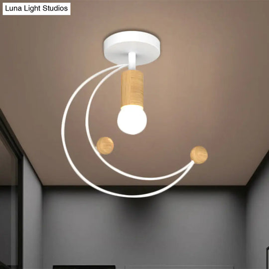 Modern Metallic Crescent Ceiling Light With Wooden Ball Deco - Semi Flush Mount In Black/White/Grey