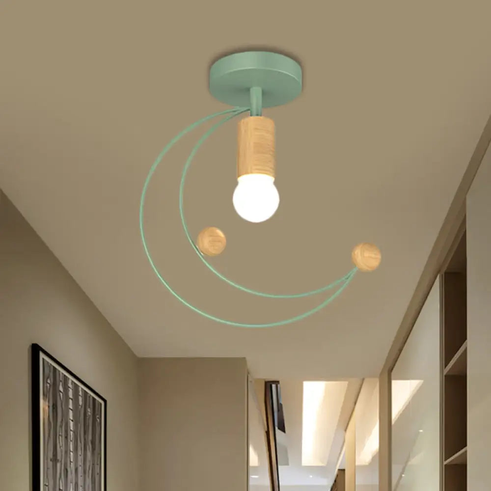 Modern Metallic Crescent Ceiling Light With Wooden Ball Deco - Semi Flush Mount In Black/White/Grey