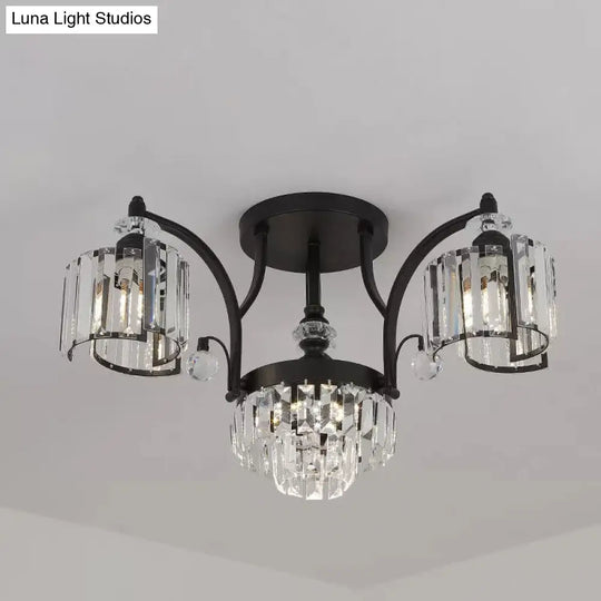 Modern Metallic Curved Arm Semi Flush Mount Ceiling Light In Black With Crystal Cylinder Shade -