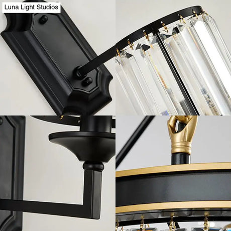 Modern Metallic Cylinder Wall Lamp: 1 Light Sconce With Clear Crystal Prism In Black For Corridor