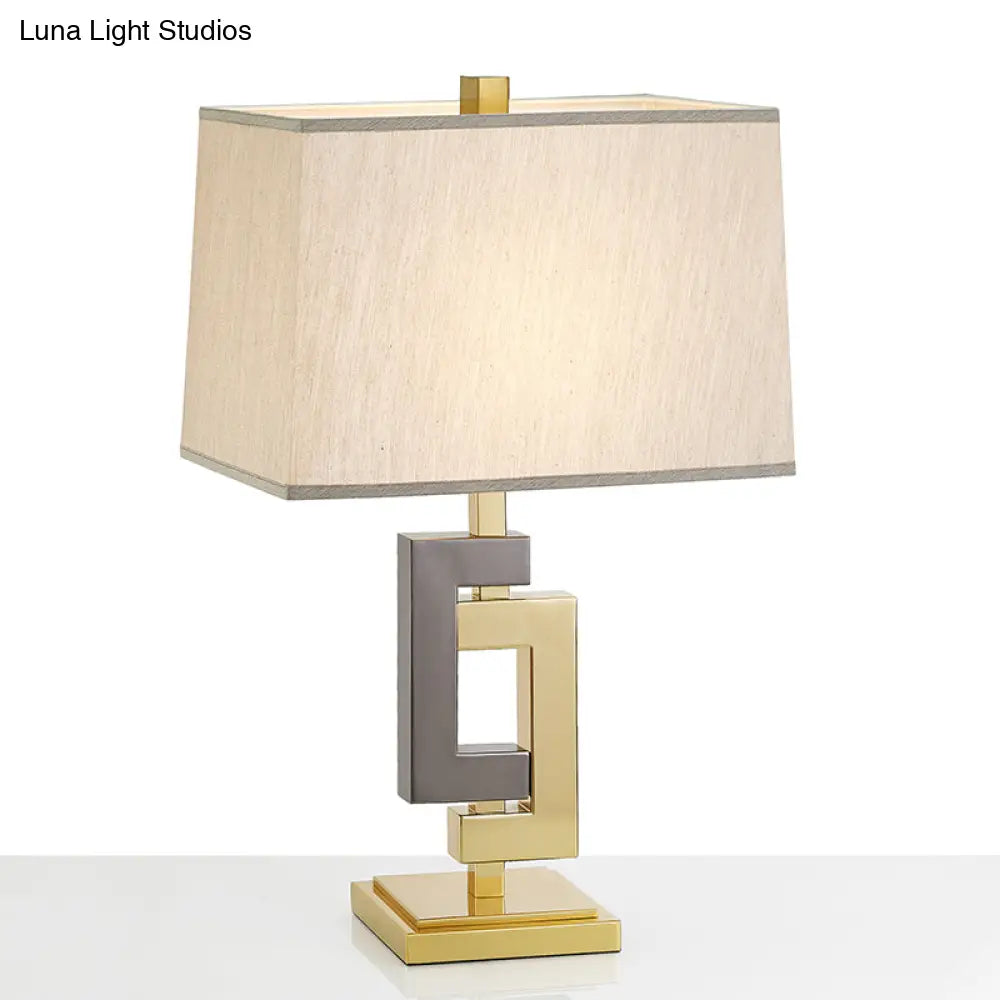 Modern Metallic Desk Lamp: Splicing Table Light With Grey & Gold Finish And Cuboid White Fabric