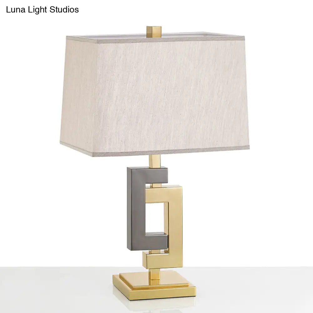 Modern Metallic Desk Lamp: Splicing Table Light With Grey & Gold Finish And Cuboid White Fabric