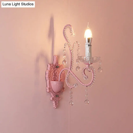 Modern Metallic Scroll Arm Wall Lamp With Crystal Orb Deco Pink