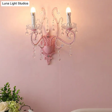 Modern Metallic Scroll Arm Wall Lamp With Crystal Orb Deco Pink
