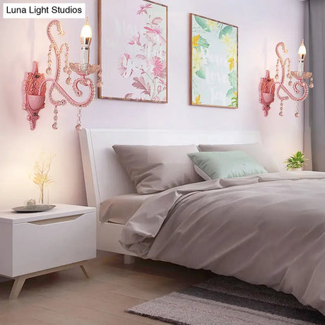 Modern Metallic Scroll Arm Wall Lamp With Crystal Orb Deco Pink