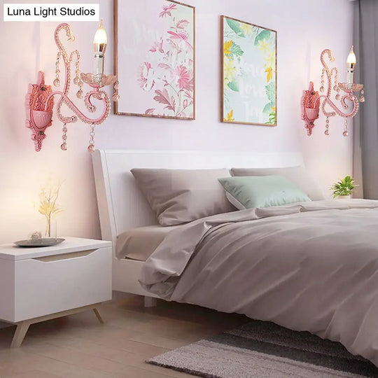 Modern Metallic Scroll Arm Wall Lamp With Crystal Orb Deco Pink