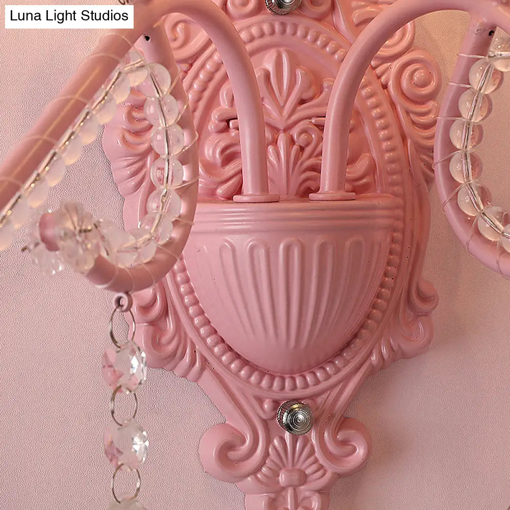 Modern Metallic Scroll Arm Wall Lamp With Crystal Orb Deco Pink