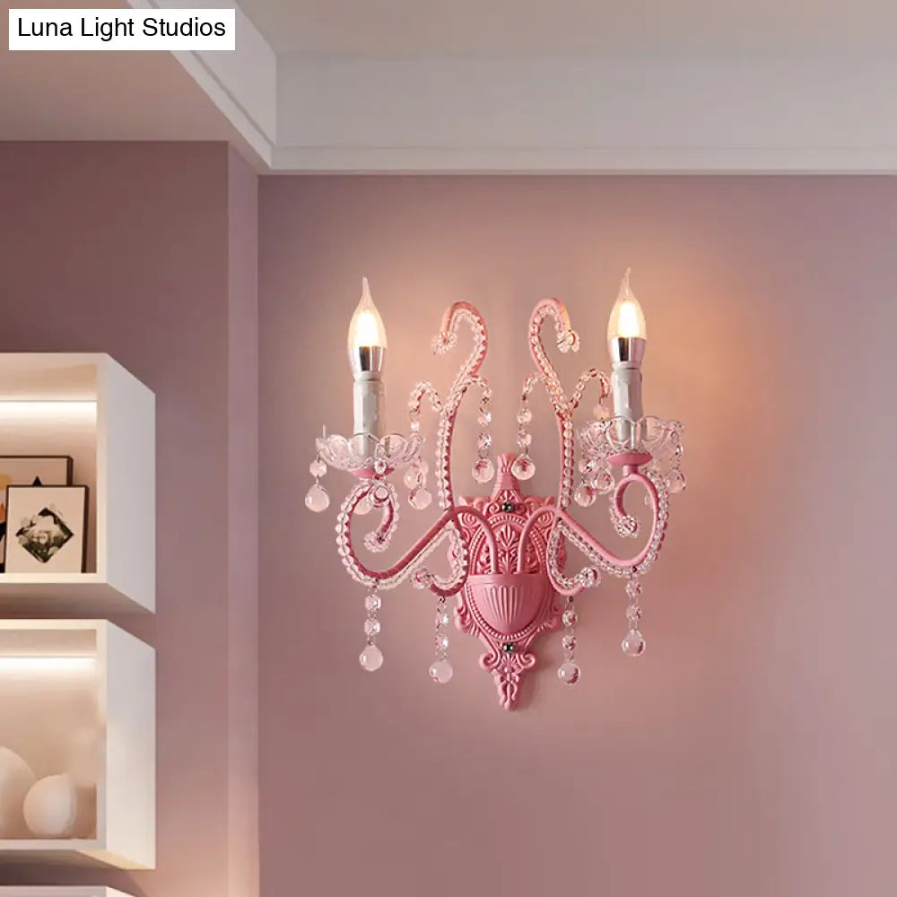 Modern Metallic Scroll Arm Wall Lamp With Crystal Orb Deco Pink