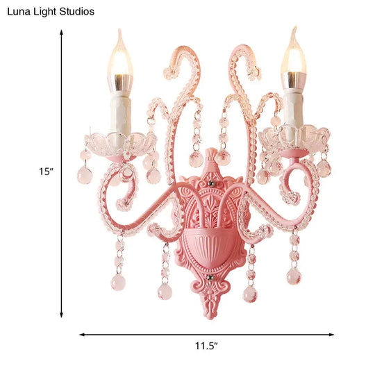 Modern Metallic Scroll Arm Wall Lamp With Crystal Orb Deco Pink