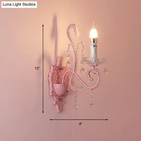 Modern Metallic Scroll Arm Wall Lamp With Crystal Orb Deco Pink