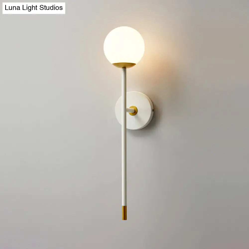 Modern Milk Frosted Glass Wall Sconce In White-Brass - Long Arm Bedside Lamp Kit