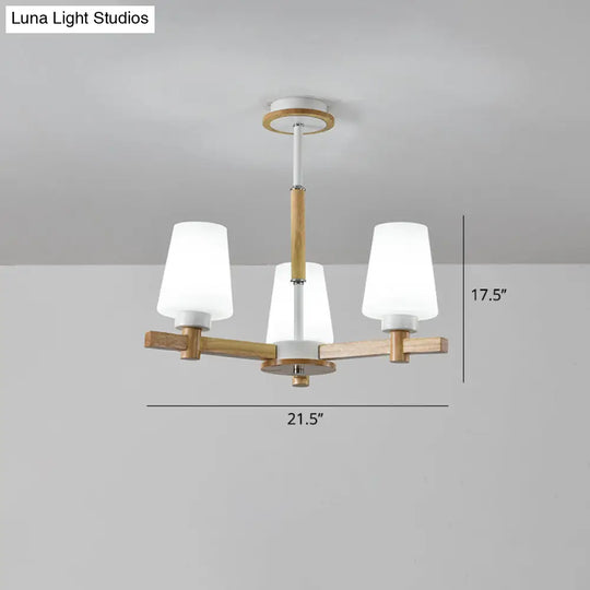 Modern Wood Chandelier: Milk Glass Tapered Suspension Light For Living Room