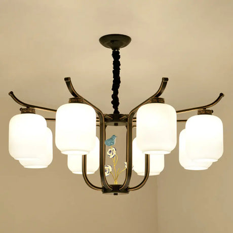 Modern Milk Glass Cylinder Chandelier Pendant Light For Living Room 8 / Black