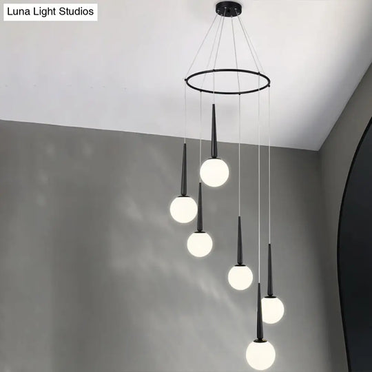 Modern Milky Glass Ball Cluster Pendant Light With Metal Ring Top 6 / Black