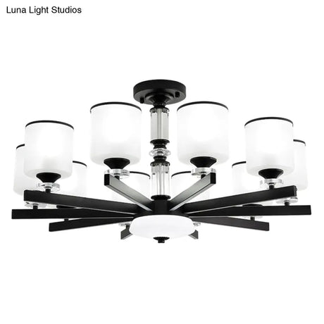 Modern Milky Glass Cup Chandelier Black Finish Hanging Light For Living Room