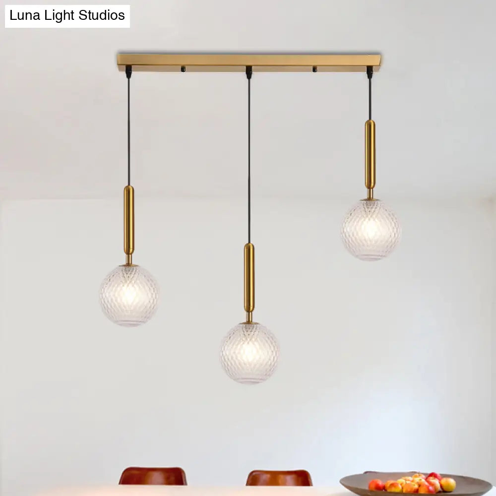 Modern Modo 3-Head Pendant Lamp With Clear Lattice Glass - Dining Room Cluster Light In Brass