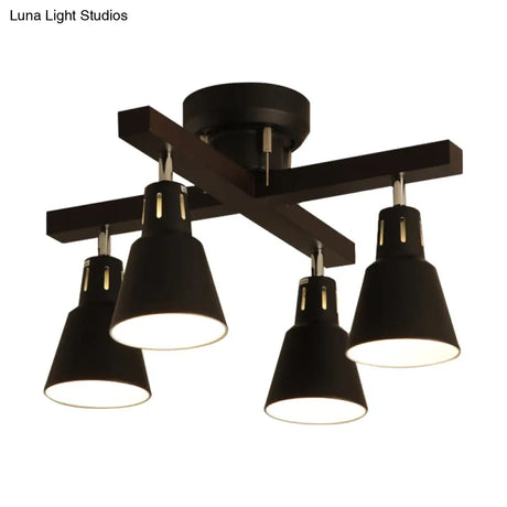 Modern Monochrome Bucket Shade Semi Flush Ceiling Light – 4 Lights Metallic Lamp For Bedroom