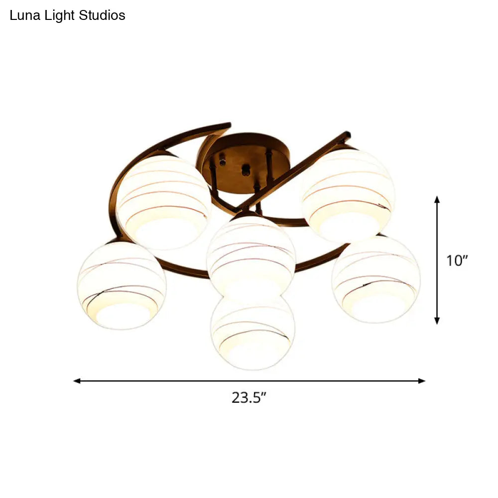Modern Moon Frame Iron Semi Mount Black Flush Lamp With White Glass Shade - 3/6 Light Option