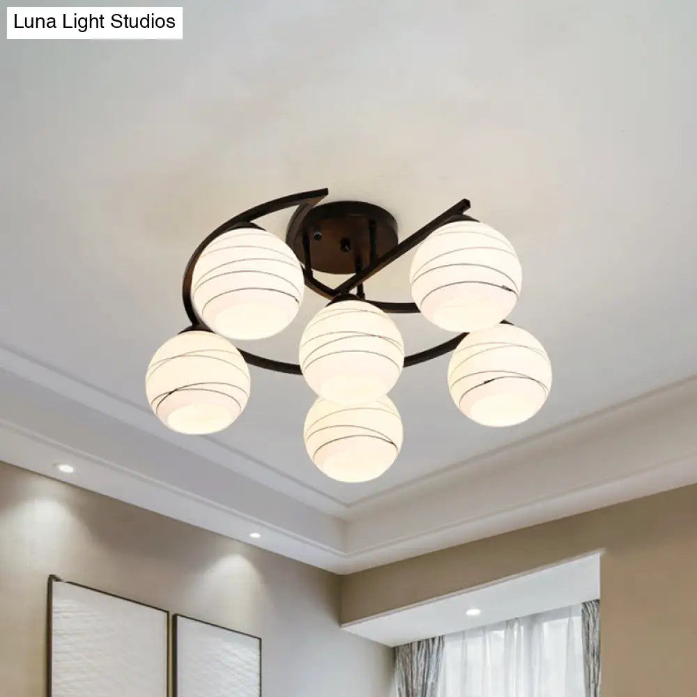 Modern Moon Frame Iron Semi Mount Black Flush Lamp With White Glass Shade - 3/6 Light Option