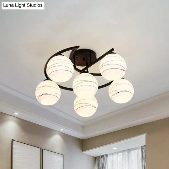 Modern Moon Frame Iron Semi Mount Black Flush Lamp With White Glass Shade - 3/6 Light Option