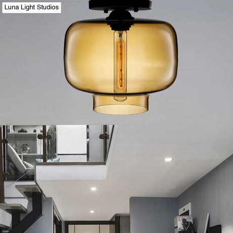 Modern Multi - Colored Lantern Flushmount Light With Glass Shade - Black Finish