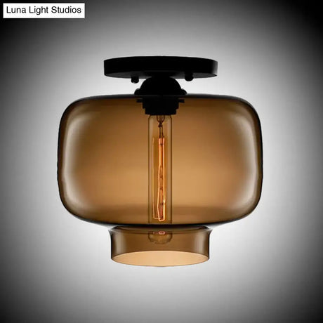 Modern Multi - Colored Lantern Flushmount Light With Glass Shade - Black Finish