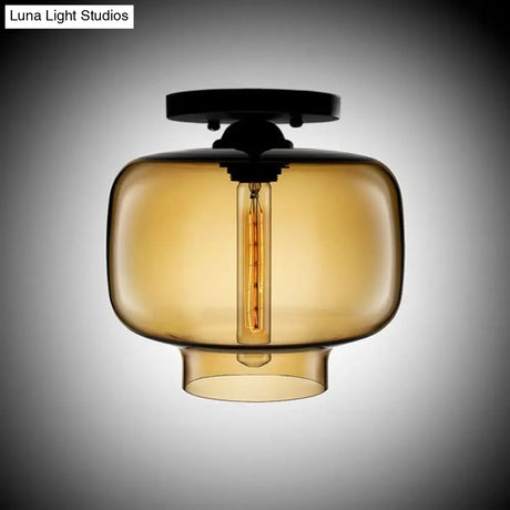 Modern Multi - Colored Lantern Flushmount Light With Glass Shade - Black Finish