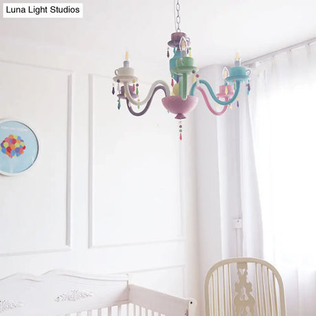 Modern Multicolor Glass Candle Hanging Light Chandelier With Cup Decoration For Kindergarten