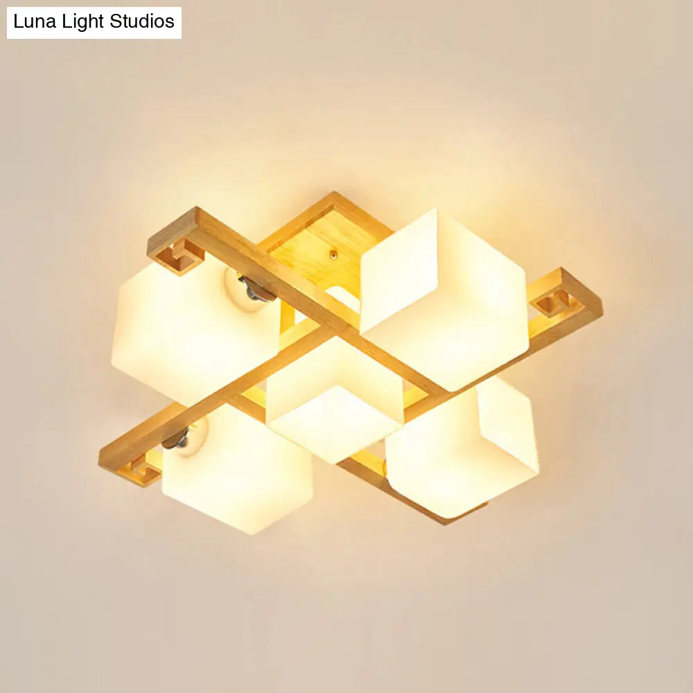 Modern Natural Wood Semi Flush Mount Light Fixture With Rectangle Glass Shade For Living Room