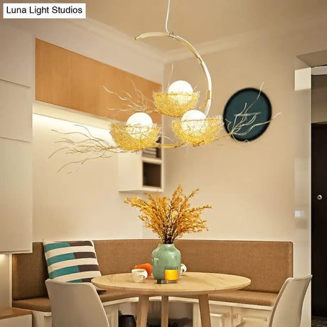 Modern Nest Pendant Light In Beige Aluminum - 3 Heads Chandelier Fixture For Dining Room